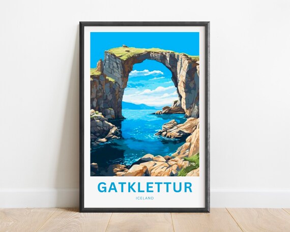 Gatklettur Iceland Travel Poster Rock Arch Coastal Landmark Scenic Wall Decor