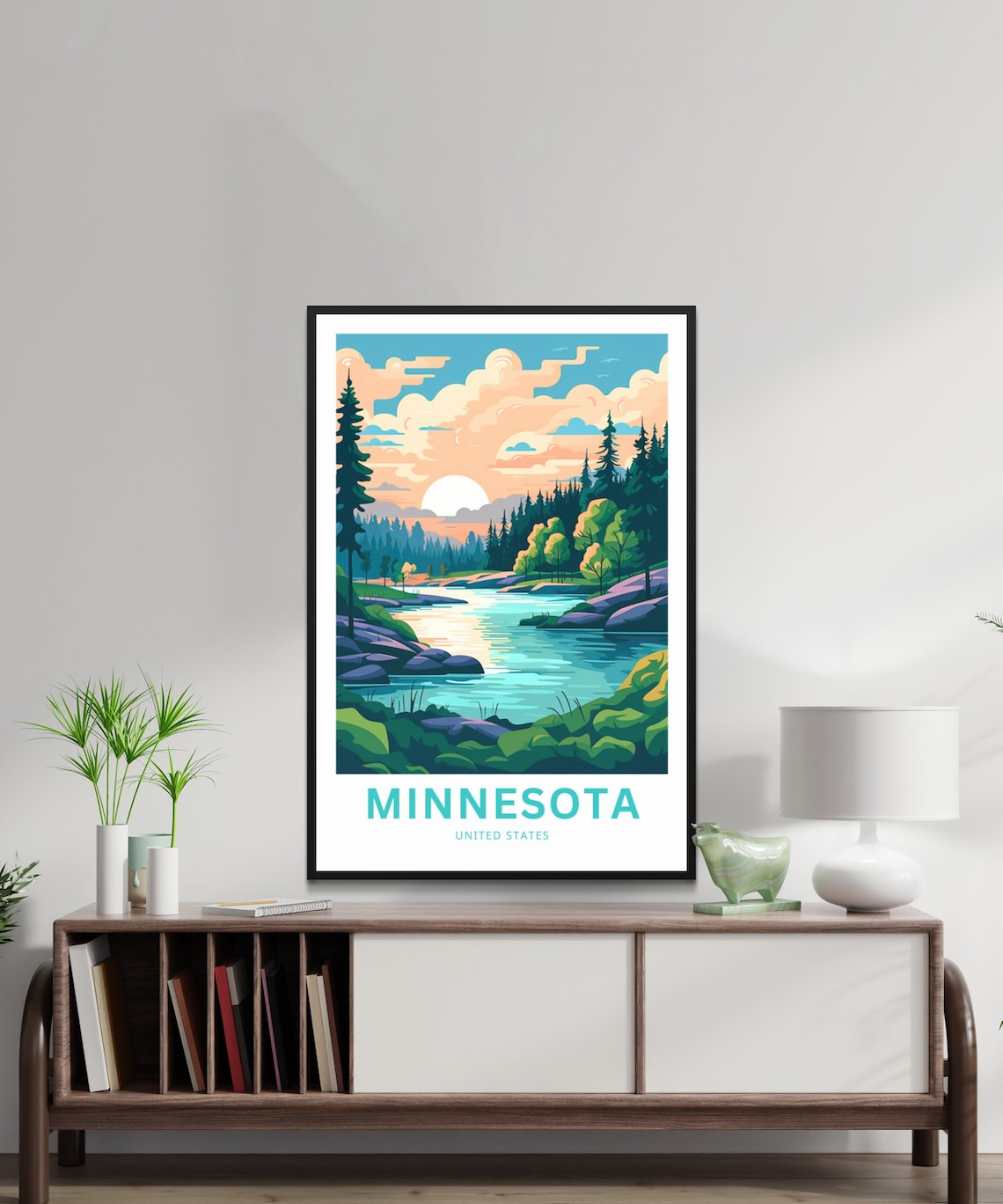Personalized Minnesota Northwoods Lake Sunrise Vintage Travel Poster - Image 2