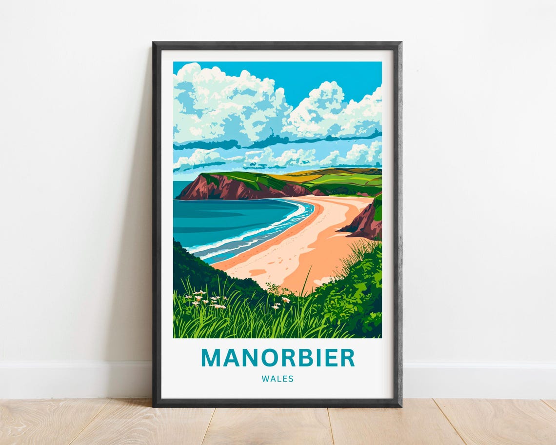 Manorbier Wales Sandy Beach Cove Cliffs Coastal Travel Poster