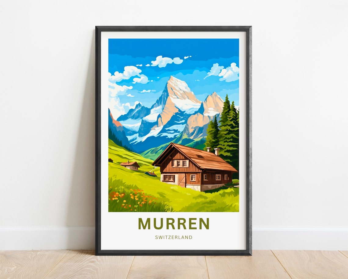 Murren Switzerland Alpine Chalet Mountain Meadow Scene Poster