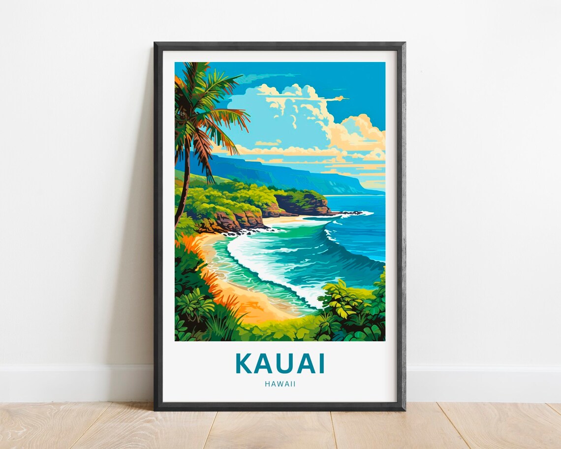 Kauai Hawaii Tropical Beach Palm Coast Vintage Travel Poster