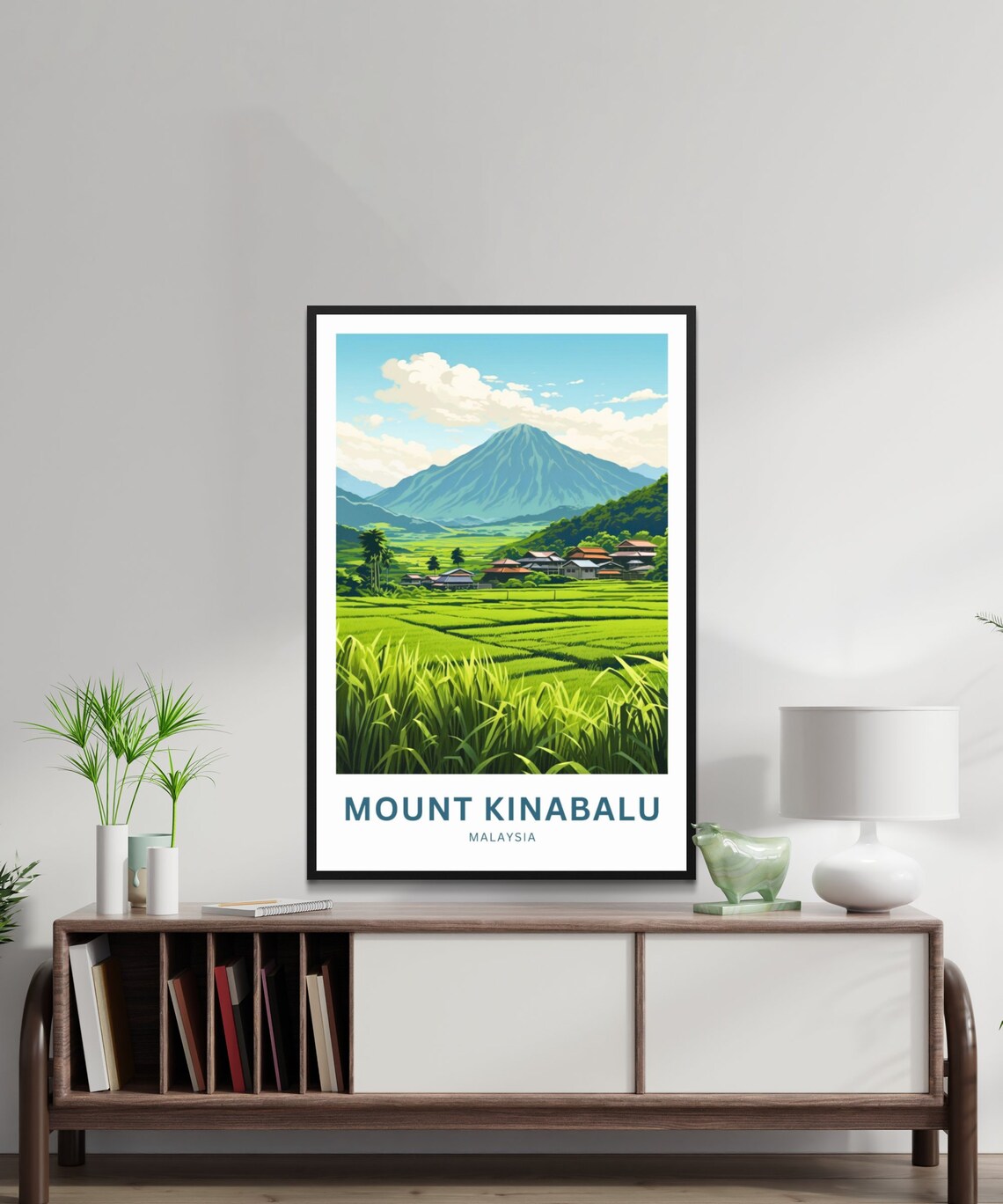 Mount Kinabalu Malaysia Green Rice Paddies Village Travel Poster - Image 2