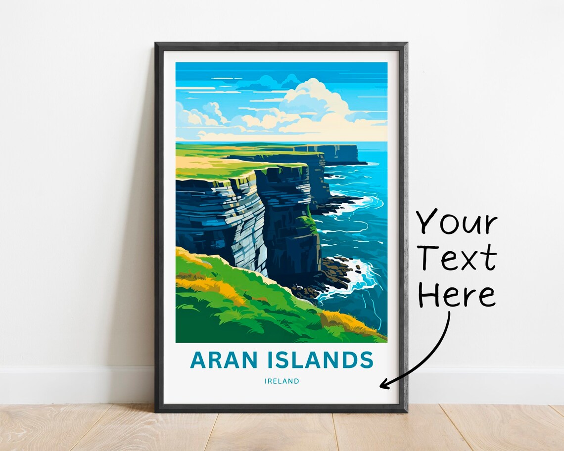 Aran Islands Ireland Green Bluff Swirling Blue Sea Travel Poster