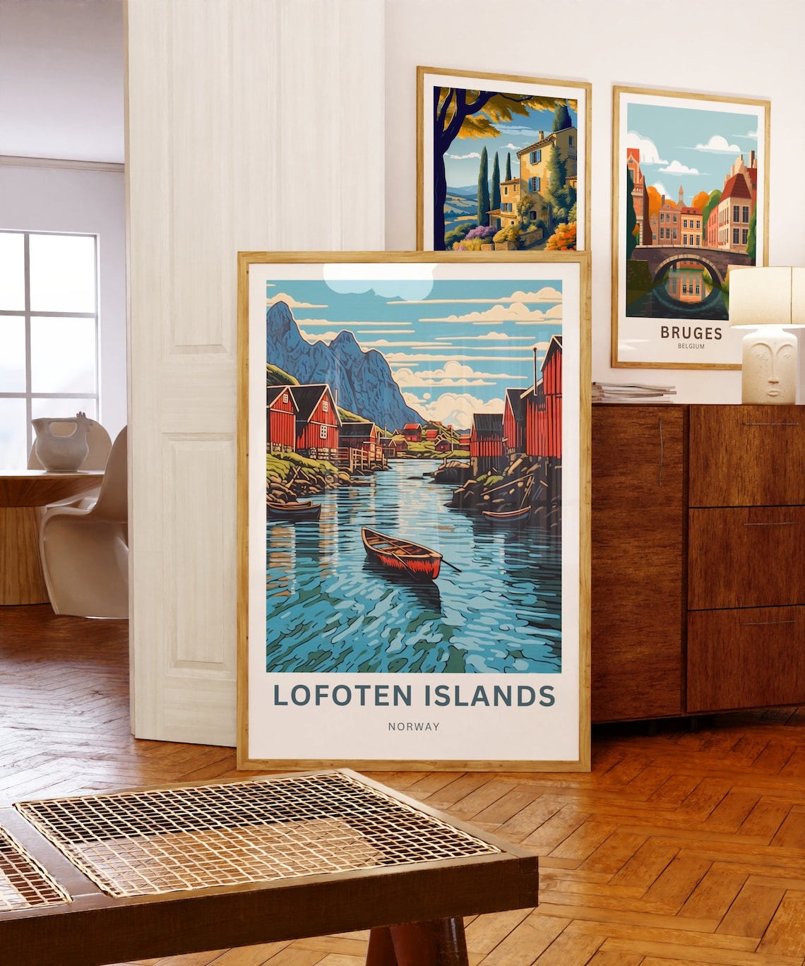 Lofoten Islands Norway Red Cabins Fjord Boat Vintage Travel Poster - Image 5
