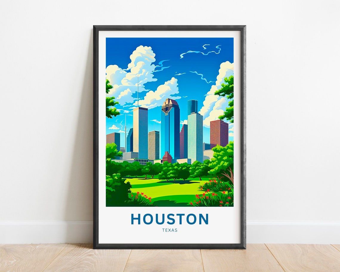 Houston Texas Downtown Skyline Sunlit Park Vintage Travel Poster