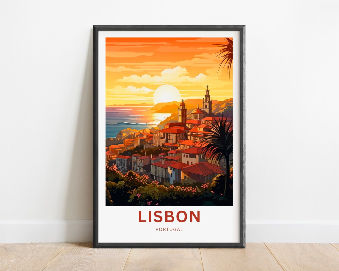 Lisbon Portugal Sunset Old Town Rooftops Vintage Travel Poster