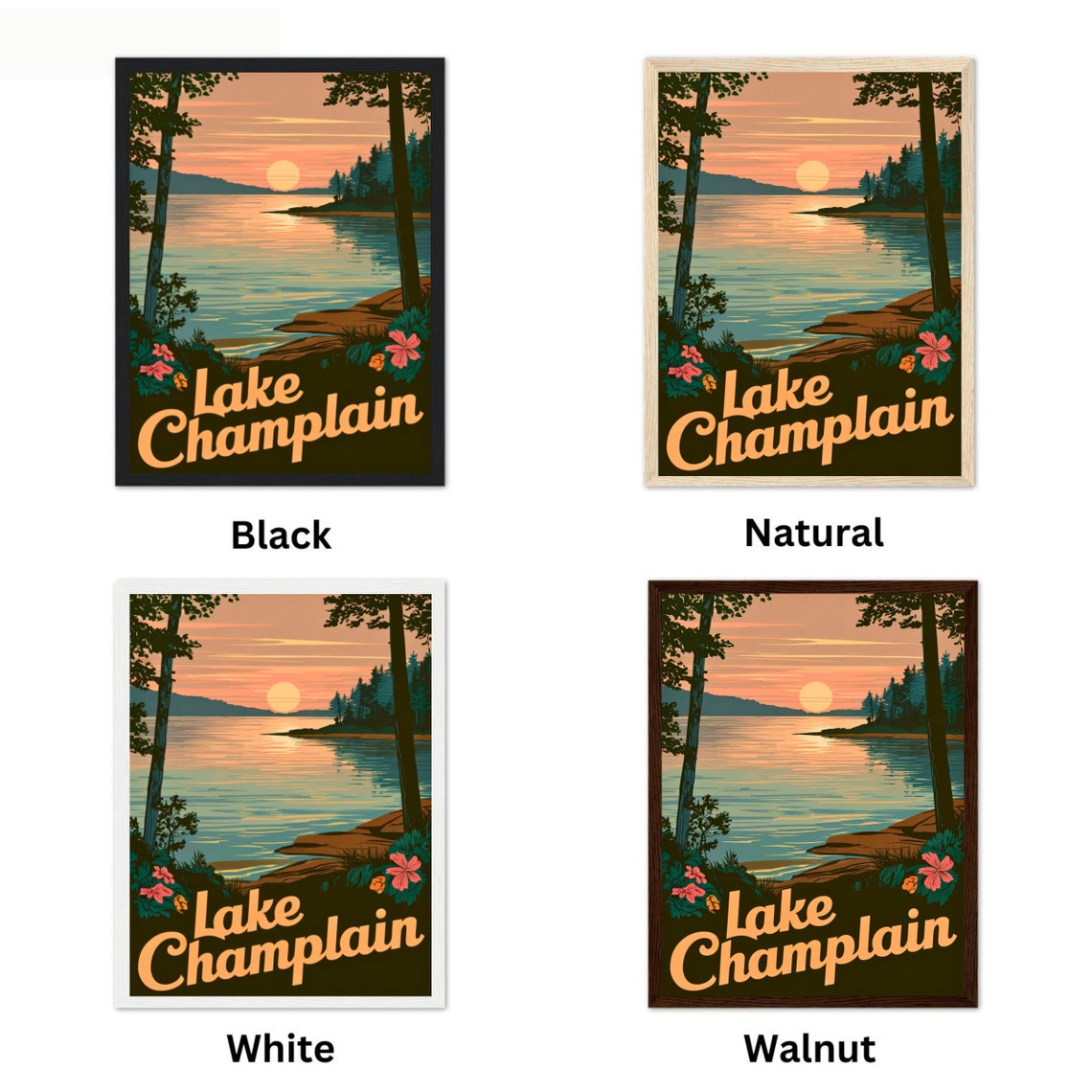 Lake Champlain Vintage Sunset Over Water Floral Script Poster - Image 2
