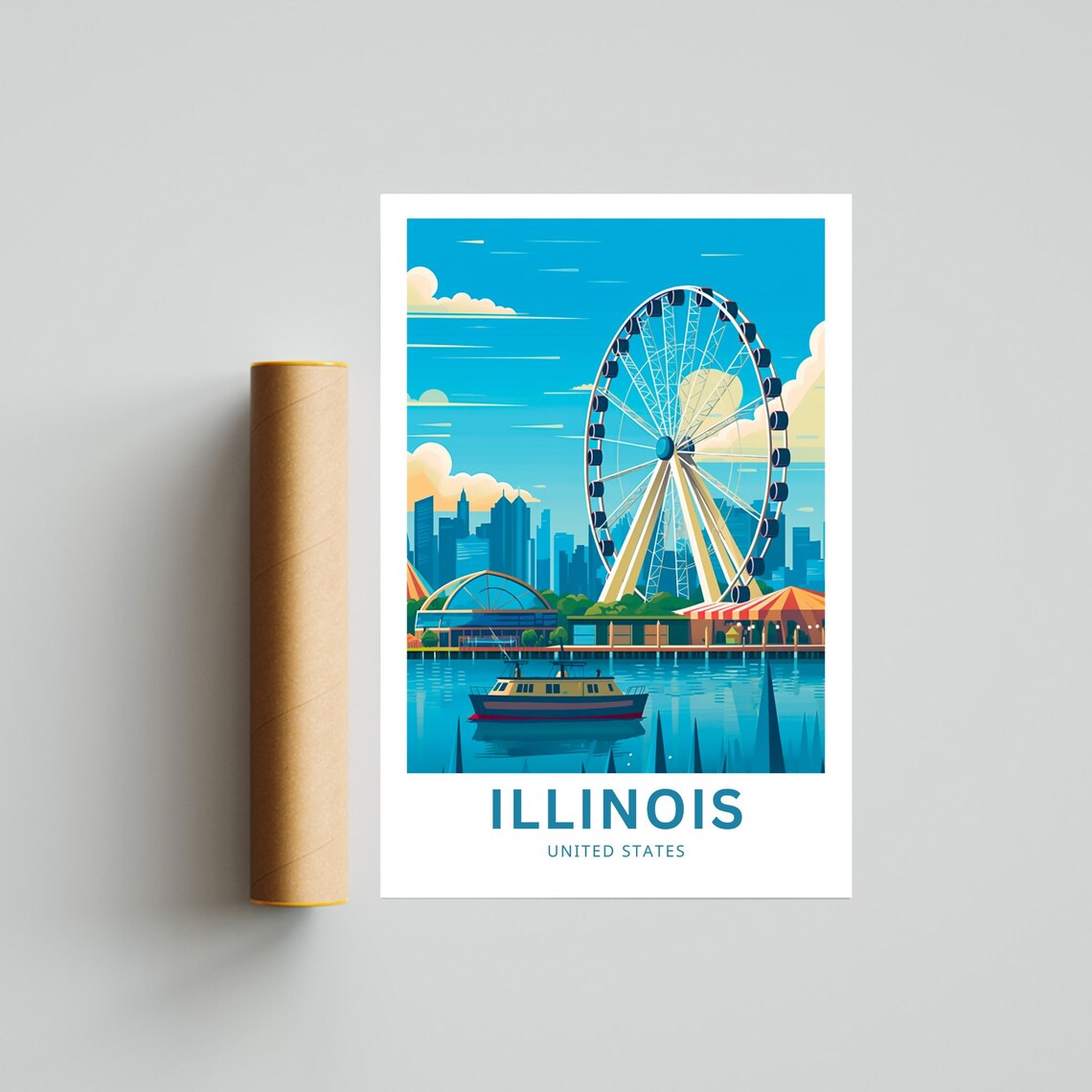 Illinois Chicago Navy Pier Ferris Wheel Illustrated Travel Poster - Image 4