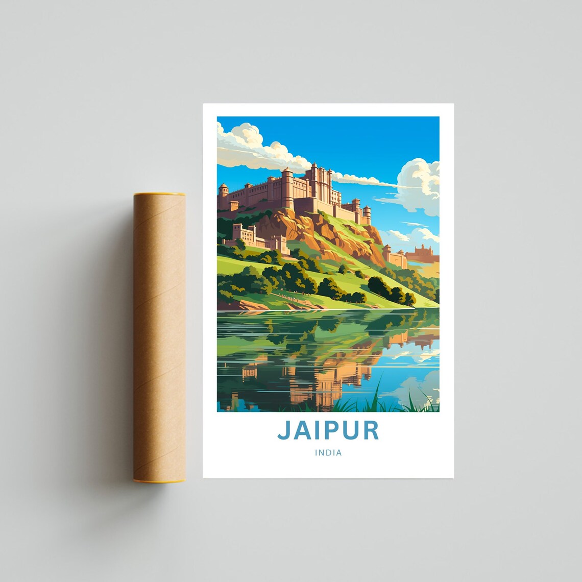 Jaipur India Hill Fort Above Lake Royal Palace Reflection View Poster - Image 4