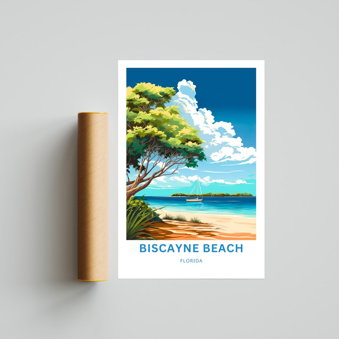 Biscayne Beach Florida Palm Tree Sailboat Retro Travel Poster - Image 4