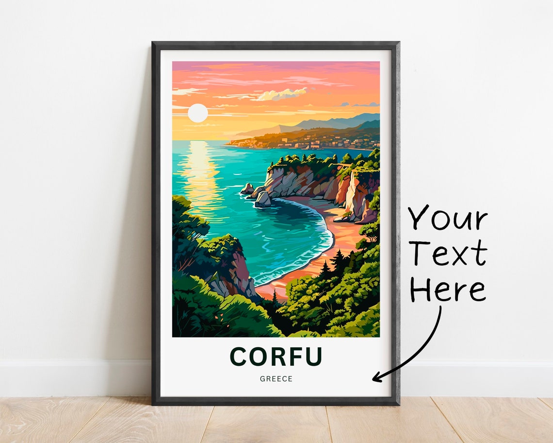 Corfu Greece Sunset Bay Cliffs Personalized Island Travel Poster