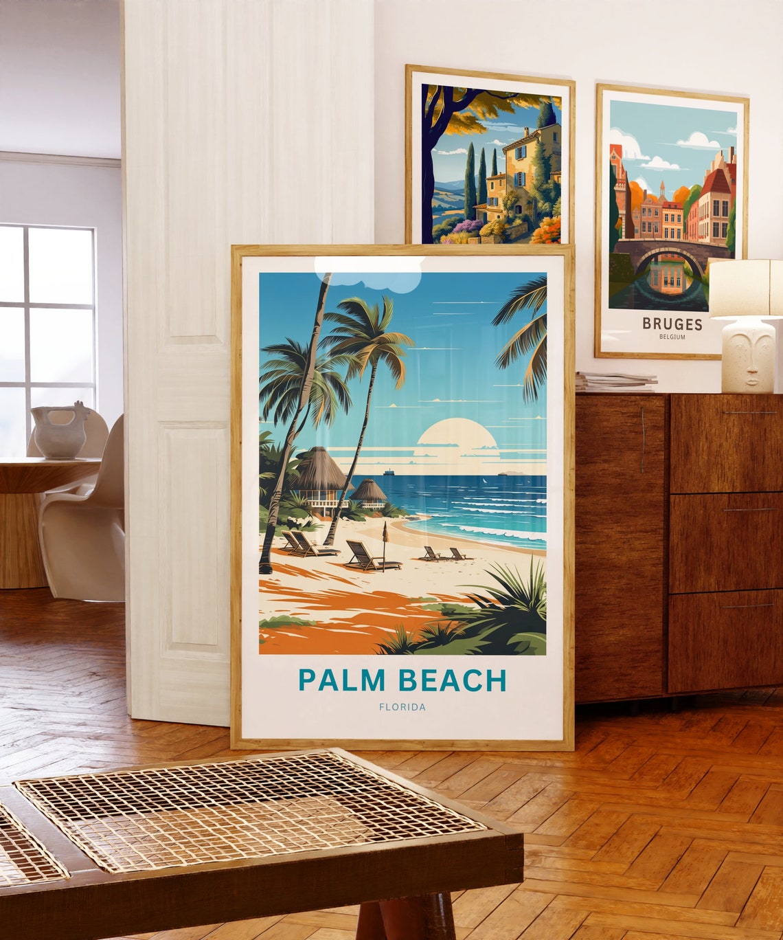 Palm Beach Florida Golden Sunset Beach Tiki Scene Art Poster - Image 5
