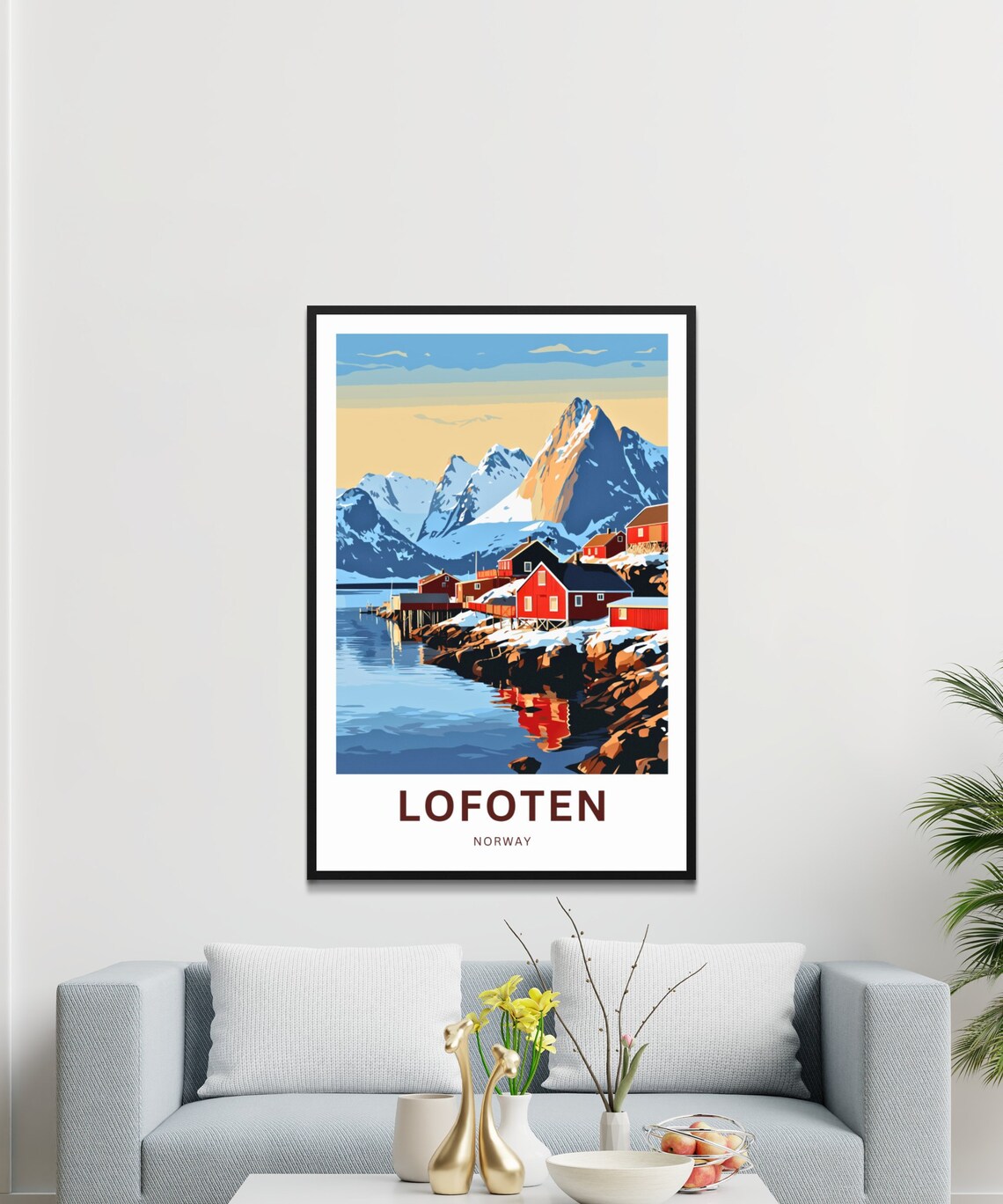 Lofoten Norway Custom Text Red Cabins Fjord Snowy Peaks Travel Poster - Image 3