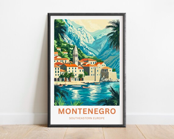 Montenegro Adriatic Coastal Old Town Under Mountains Travel Poster