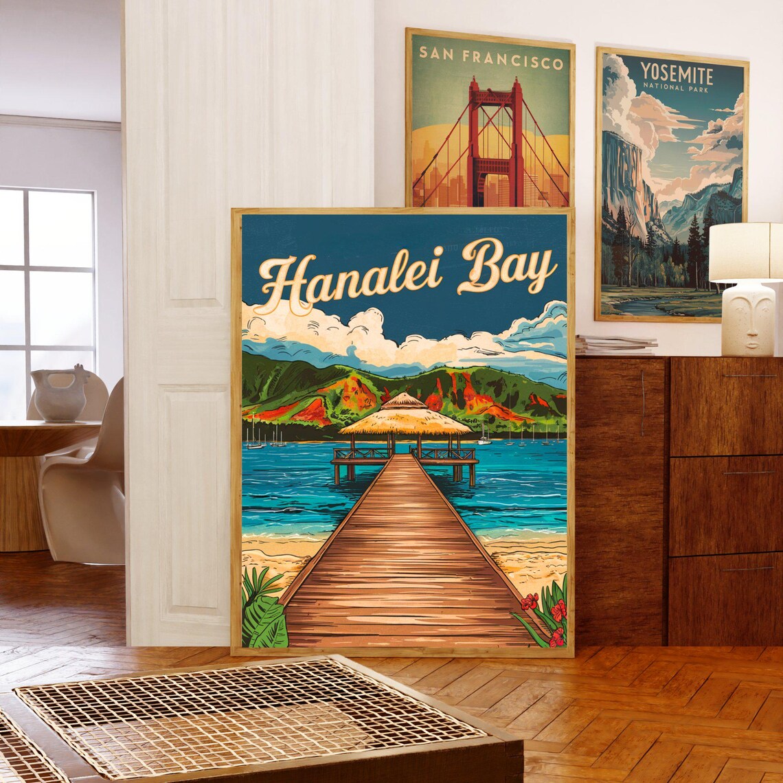 Hanalei Bay Hawaii Pier Sunset Sailboat Vintage Travel Poster - Image 5