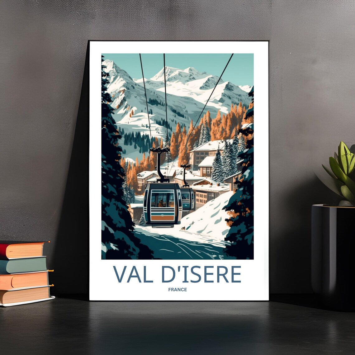 Val d'Isere France Travel Poster Ski Resort Gondola Snowy Peaks Scene - Image 4