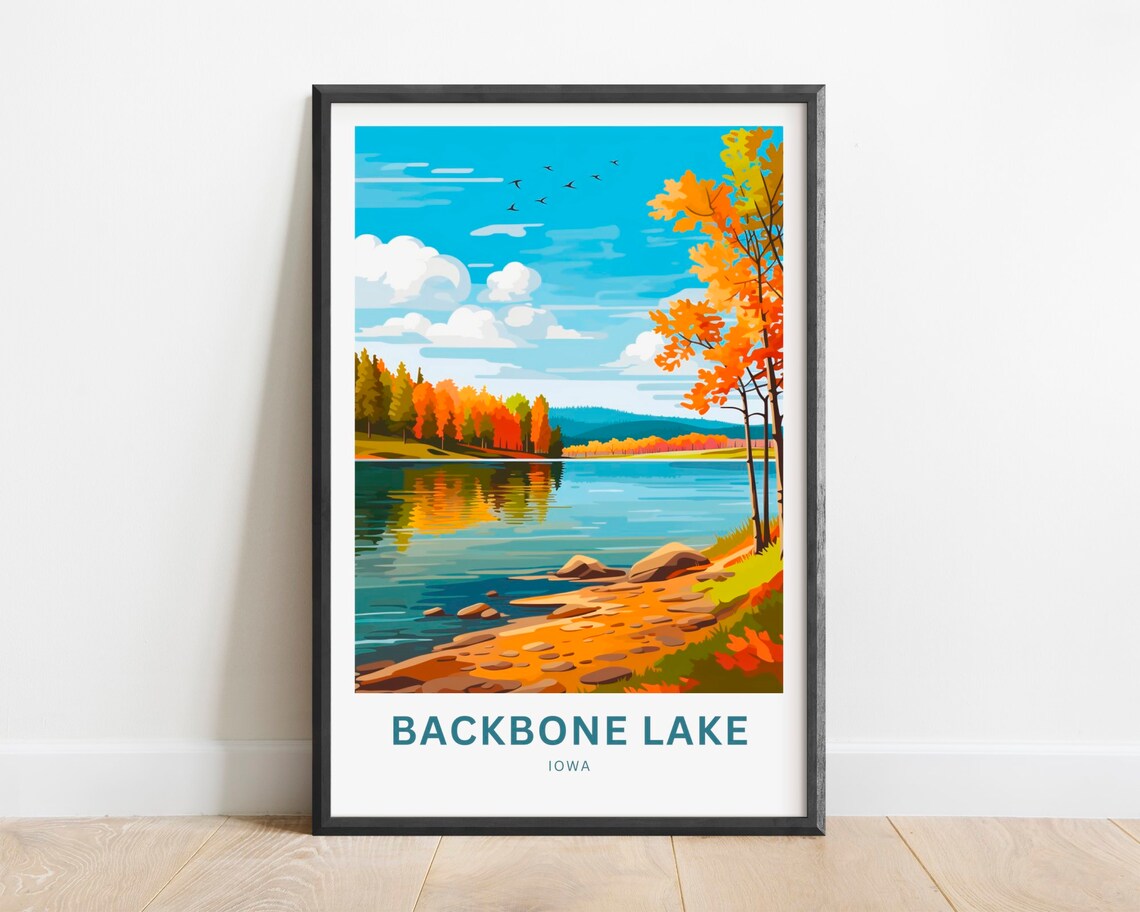 Backbone Lake Iowa Birds Over Blue Water Autumn Shoreline Art Poster