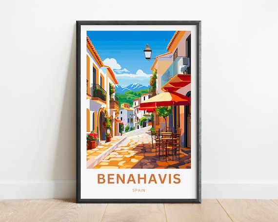 Benahavis Spain White Village Cafe Street Sierra Sun Retro Poster
