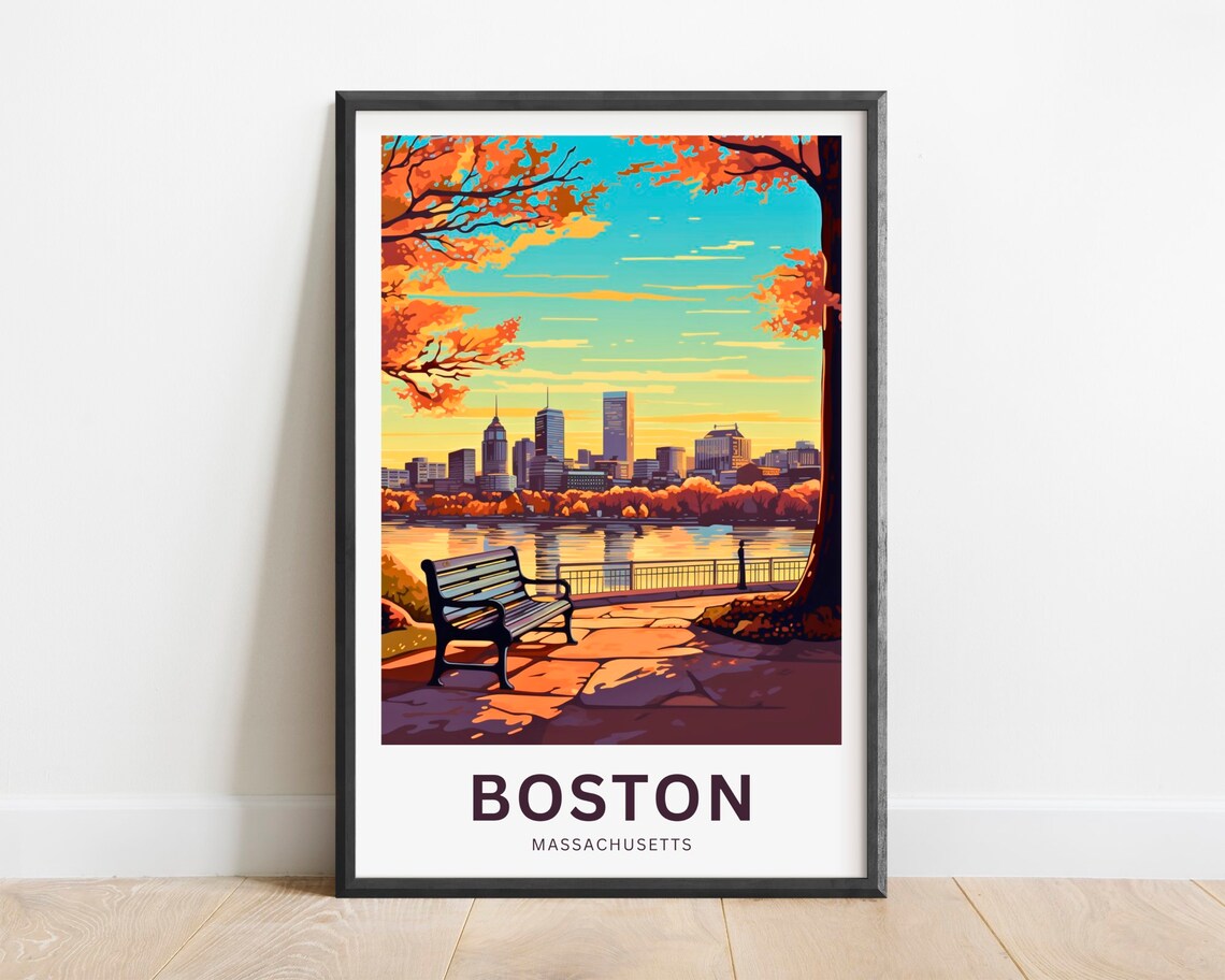 Boston Massachusetts Autumn Sunset Skyline Bench Travel Poster