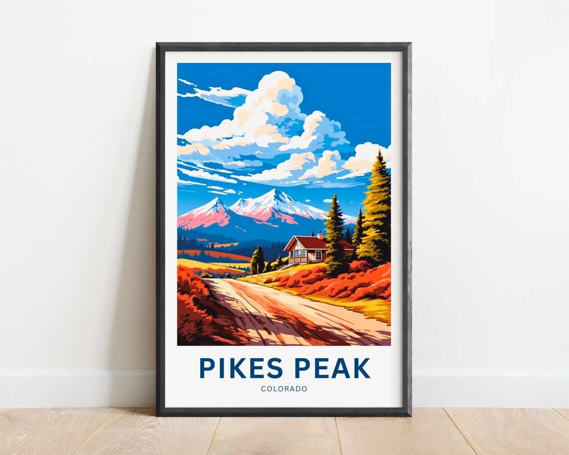 Pikes Peak Colorado Mountain Cabin Autumn Road Travel Poster