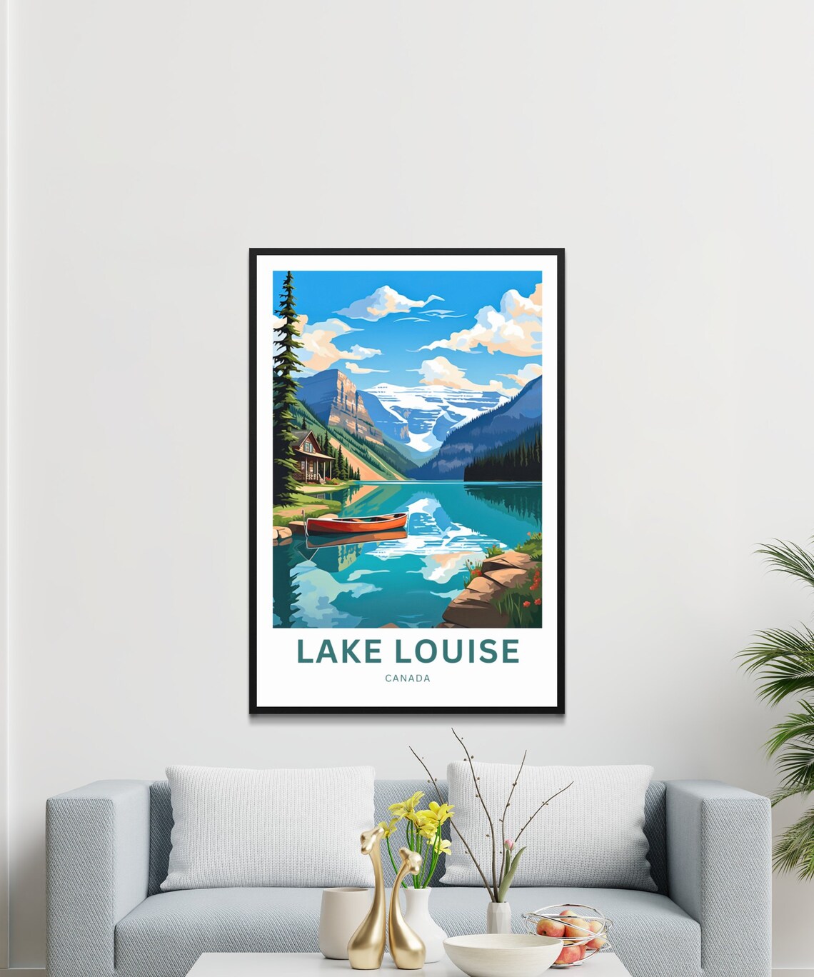 Lake Louise Canada Turquoise Lake Red Canoe Cabin View Travel Poster - Image 3