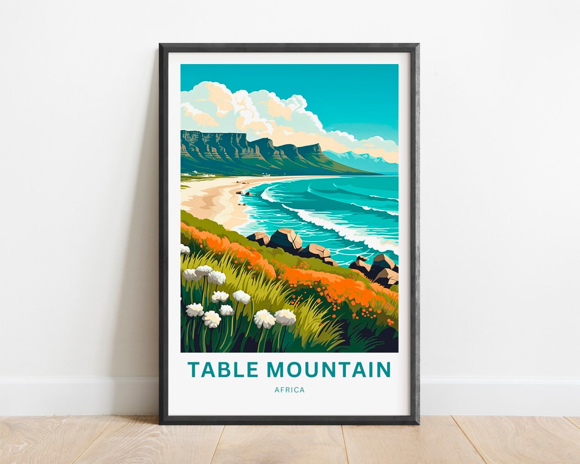 Table Mountain Africa Coastal Cliffs Wildflower Dunes Travel Poster