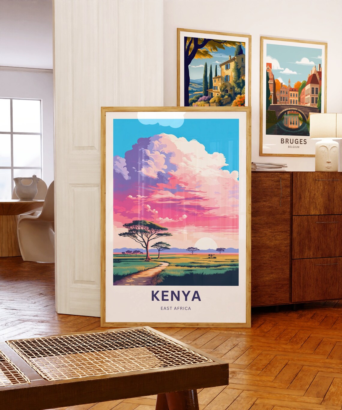 Kenya East Africa Pink Clouds Savanna Winding Path Travel Poster - Image 5