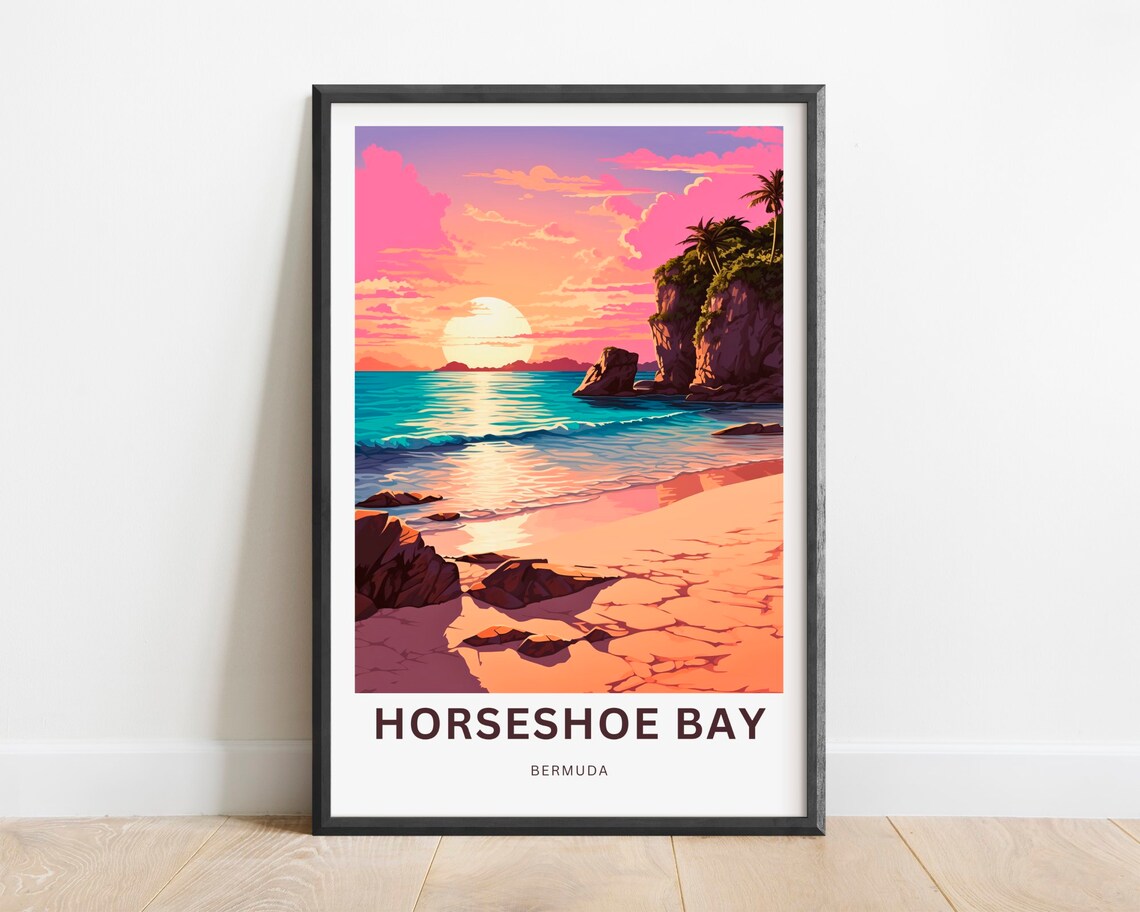 Horseshoe Bay Bermuda Pink Sunset Beach Rocky Cove Travel Poster
