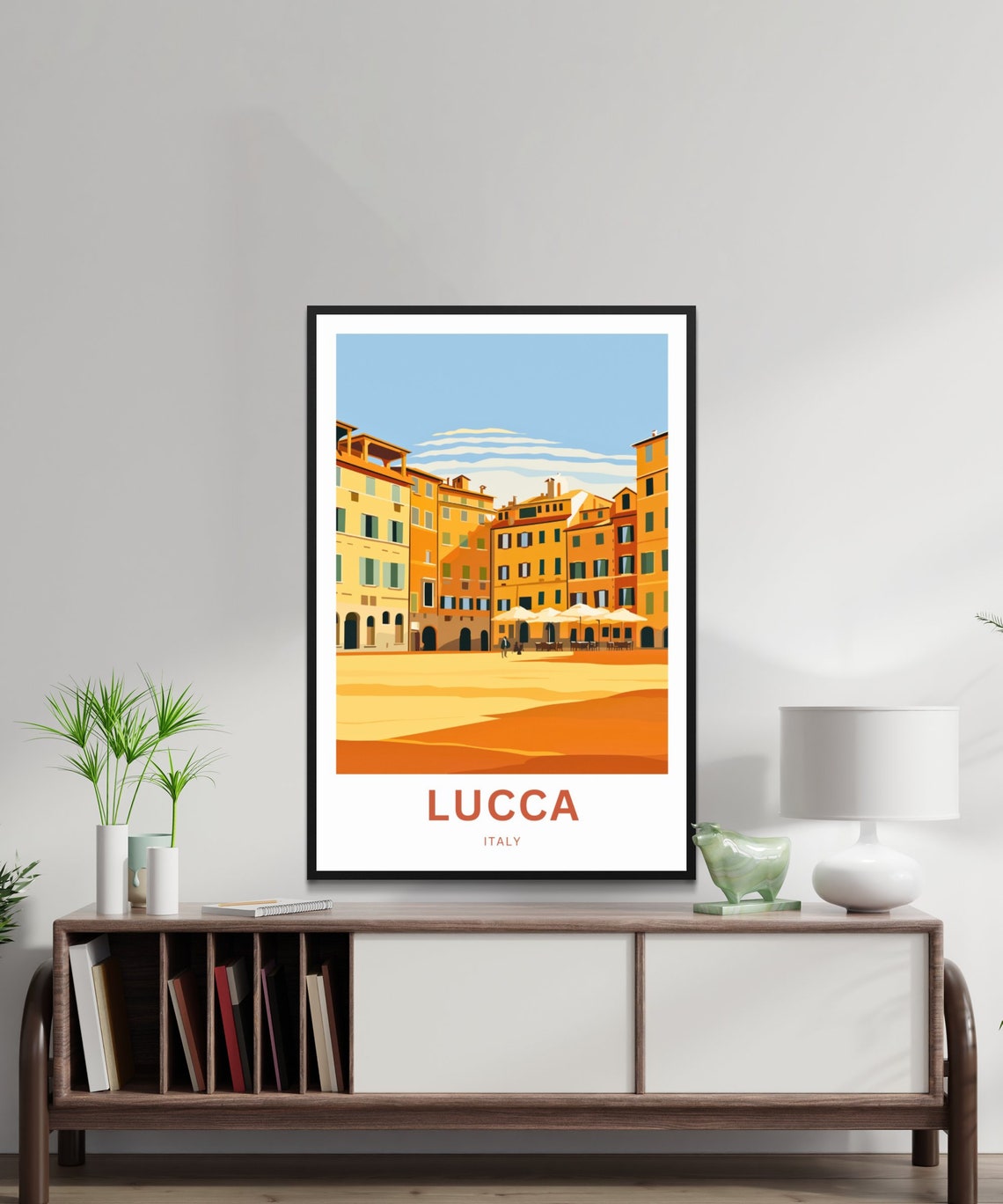 Lucca Italy Sunlit Piazza Cafe Umbrellas Historic Scene Poster - Image 2