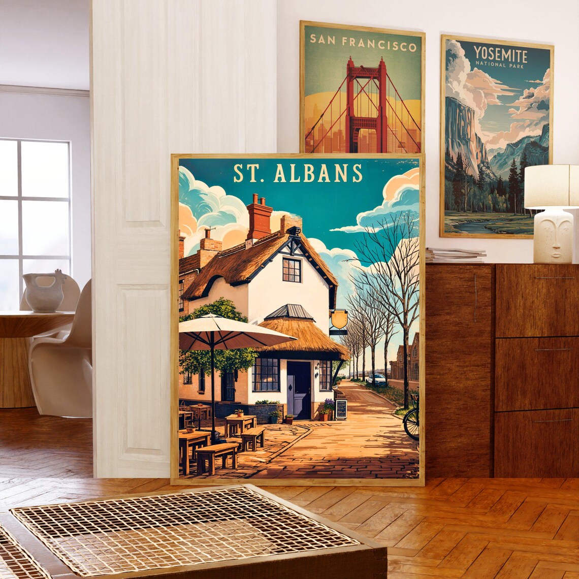 St Albans Thatched Roof Pub Cottage Vintage English Travel Poster - Image 5