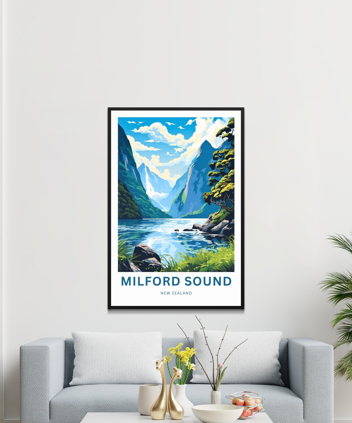 Milford Sound New Zealand Rocky Shore Calm Fjord Vintage Travel Poster - Image 3