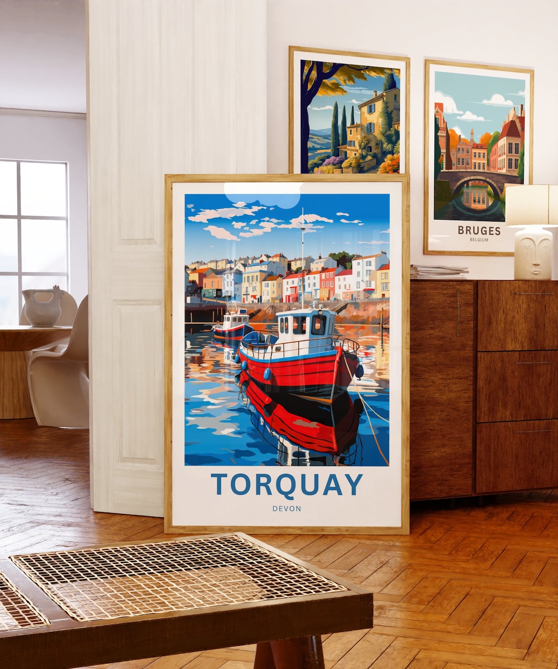 Torquay Devon Travel Poster Red Fishing Boat Harbour Houses Art - Image 5