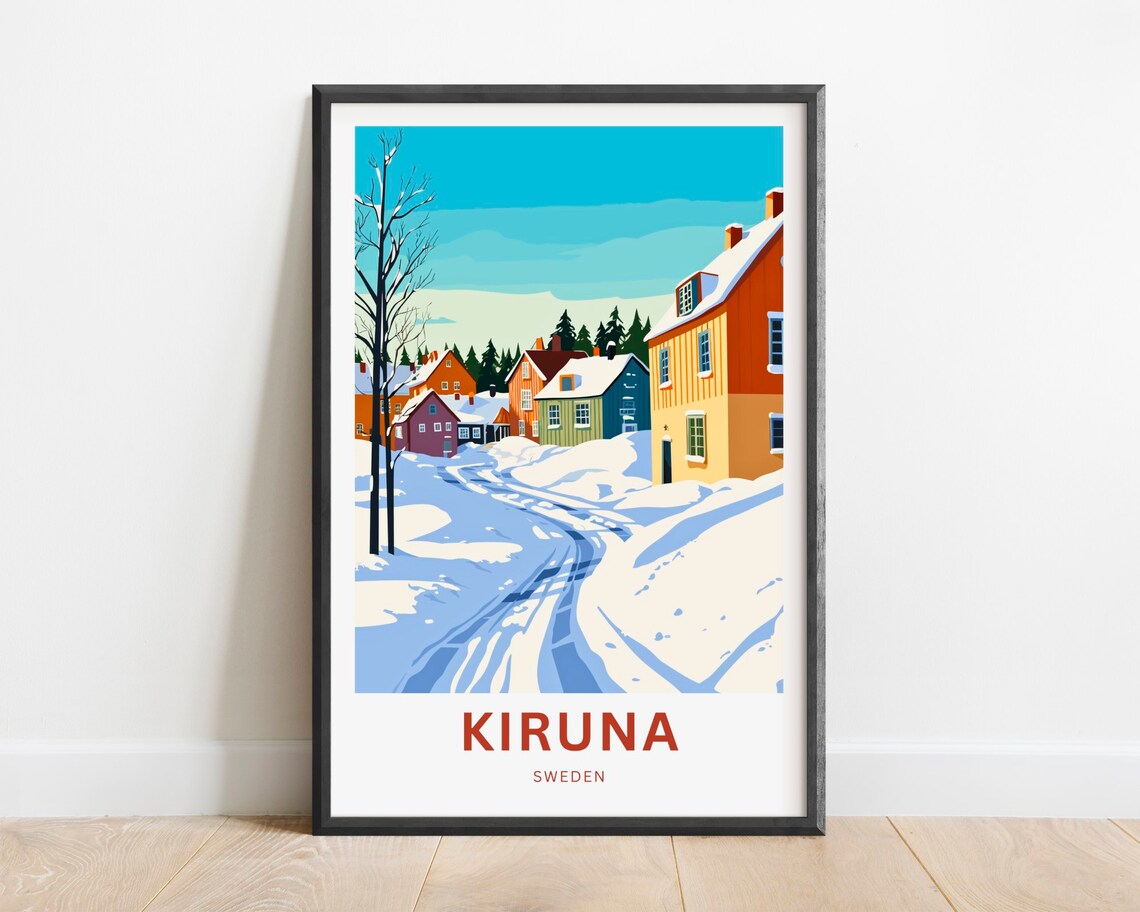 Kiruna Sweden Winter Village Street Snow Scene Travel Poster