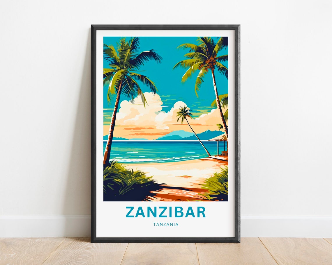 Zanzibar Tanzania Tropical Palm Beach Sunset Vintage Travel Poster