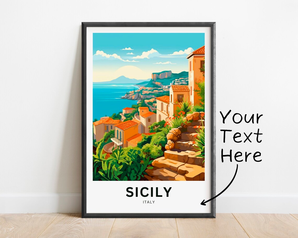 Sicily Italy Custom Text Terracotta Coast Town Seaview Travel Poster
