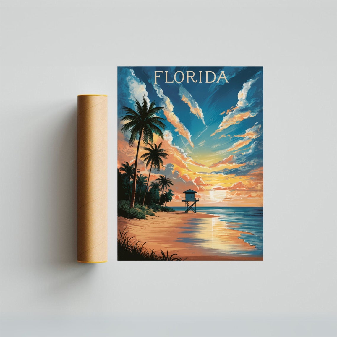 Florida Sunset Lifeguard Tower Palm Beach Retro Vintage Travel Poster - Image 3