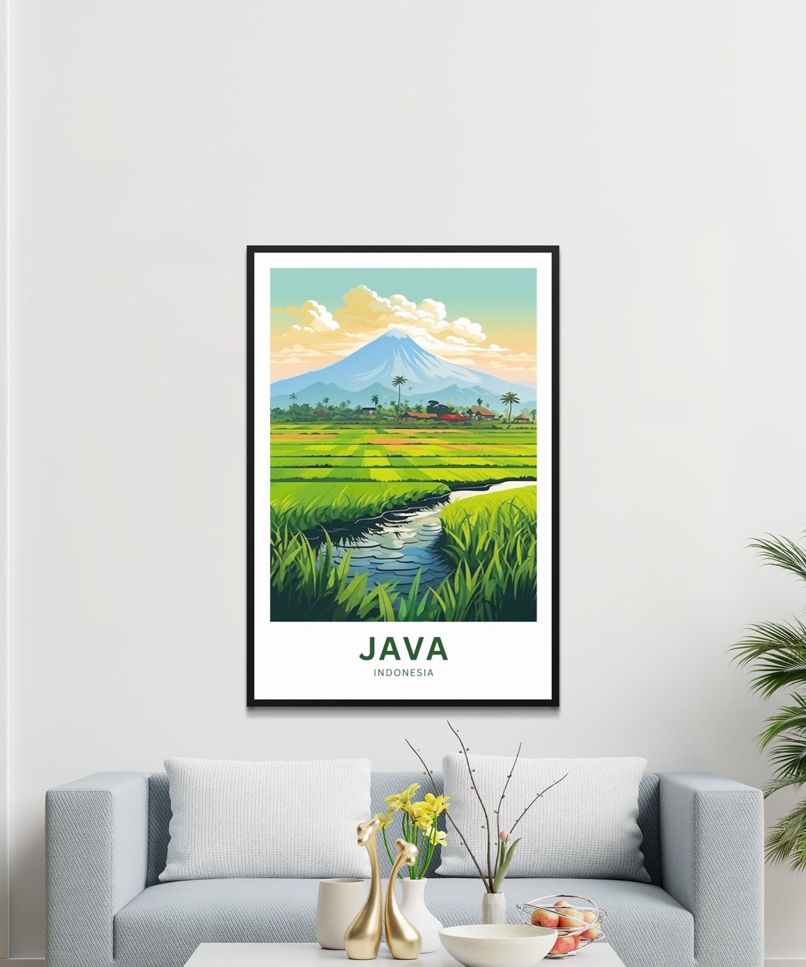 Java Indonesia Volcano Green Rice Paddy Fields Stream Poster - Image 3