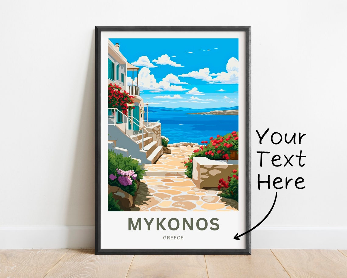 Mykonos Greece Whitewashed Alley Blue Sea View Custom Art Poster