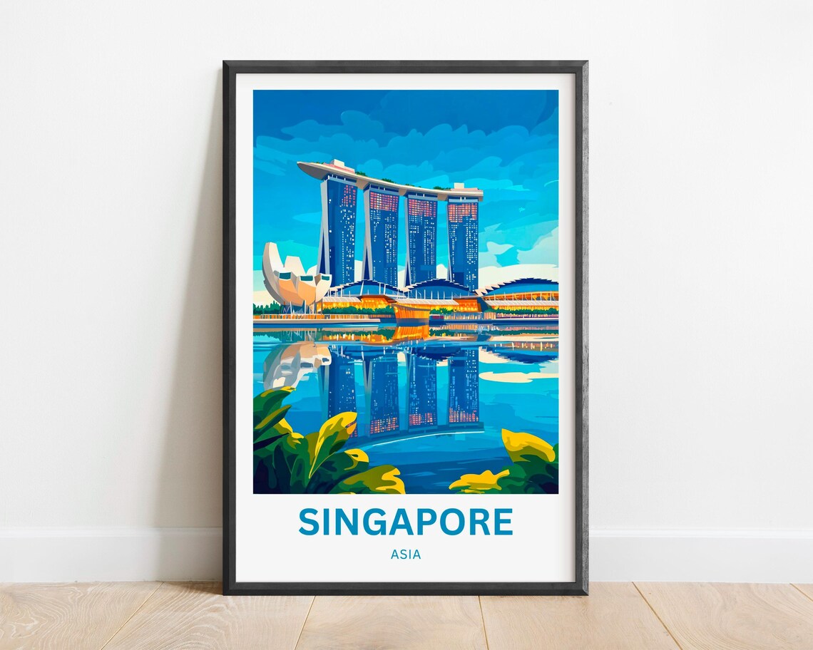 Singapore Marina Bay Sands Skyline Reflection Bold Color Travel Poster