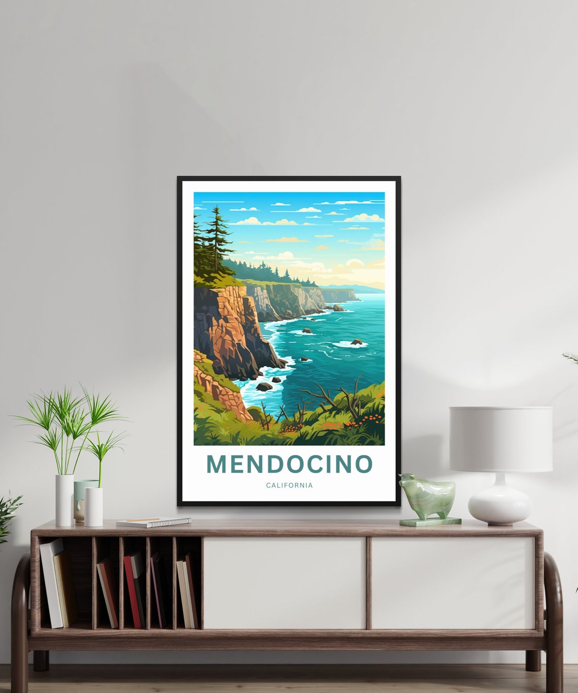 Mendocino California Rugged Cliffs Teal Ocean Vintage Travel Poster - Image 2