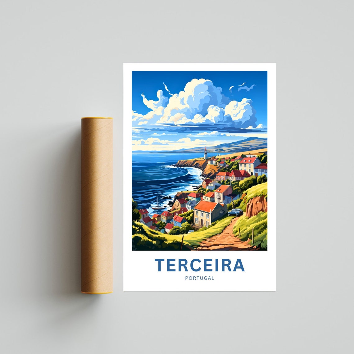 Terceira Portugal Coastal Town Lighthouse Cliffs Travel Poster - Image 4