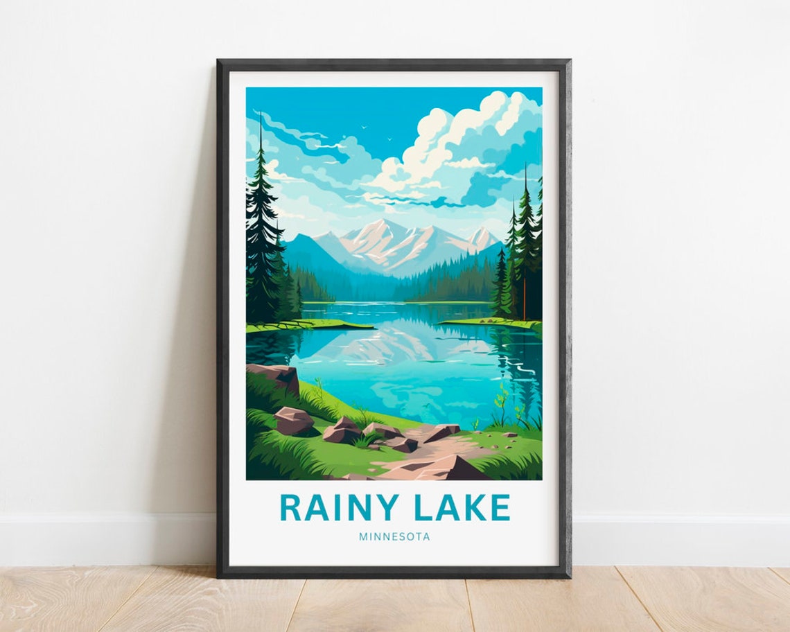 Rainy Lake Minnesota Mirror Lake Snow Peaks Pine Forest Poster