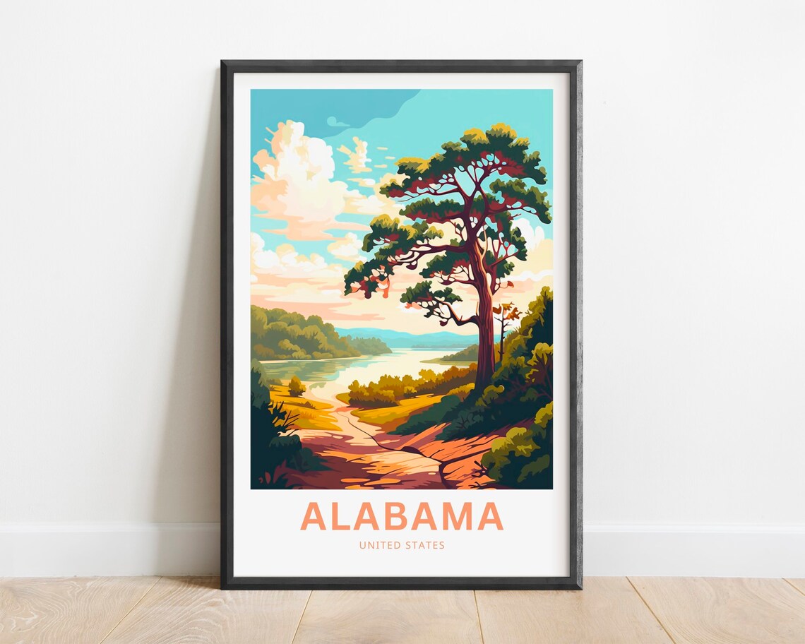 Alabama United States Travel Poster Lake Pine Tree Nature Sunset Art
