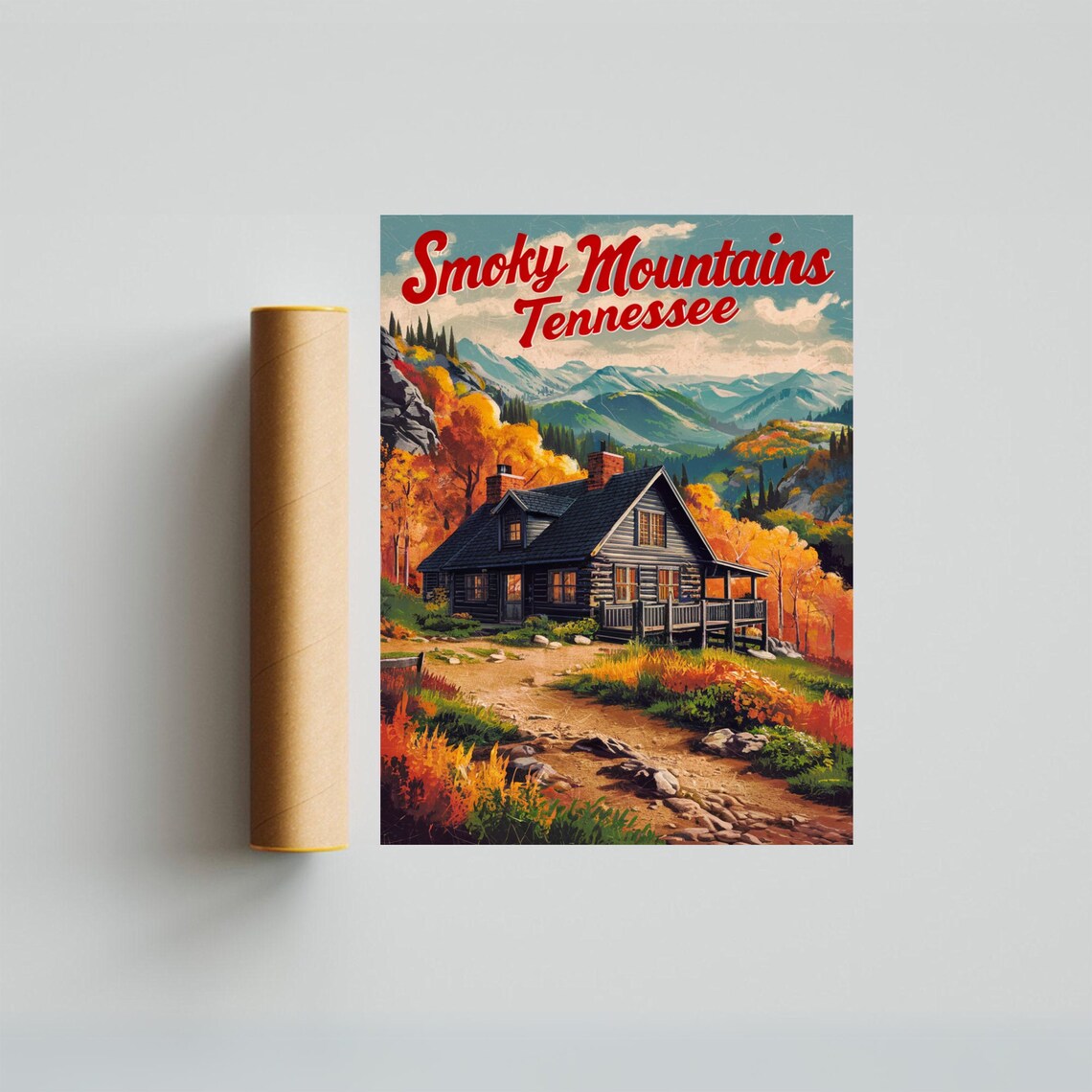 Smoky Mountains Tennessee Vintage Cabin Fall Foliage Travel Poster - Image 4