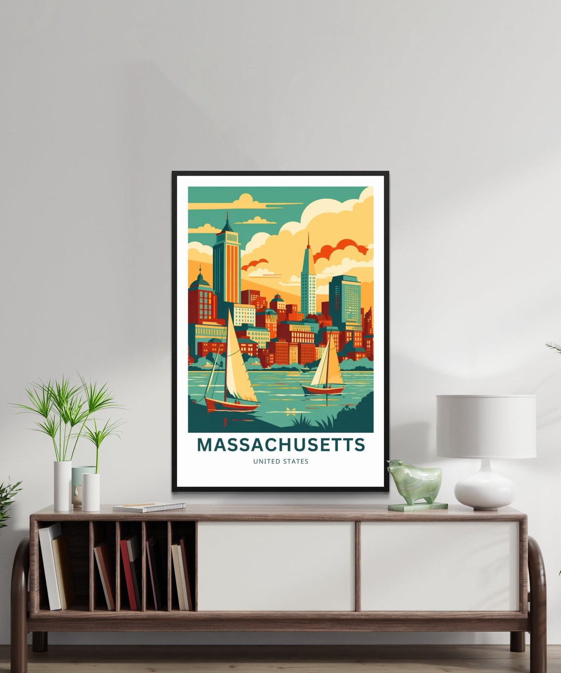 Personalized Massachusetts Boston Skyline Sailboats Retro Poster - Image 2