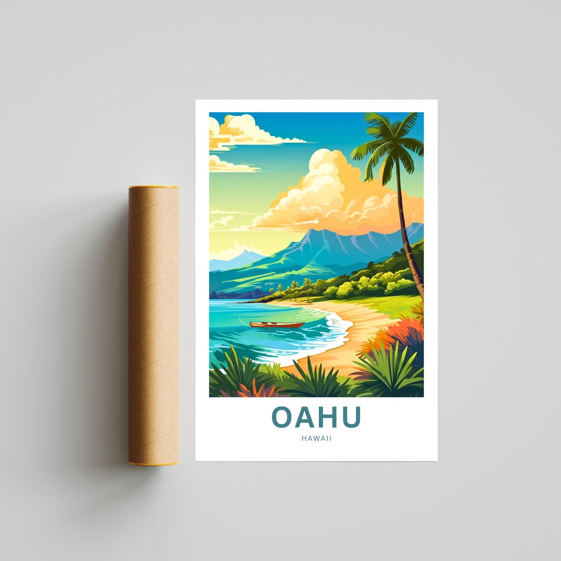 Personalized Oahu Hawaii Canoe Beach Turquoise Sea View Poster - Image 4