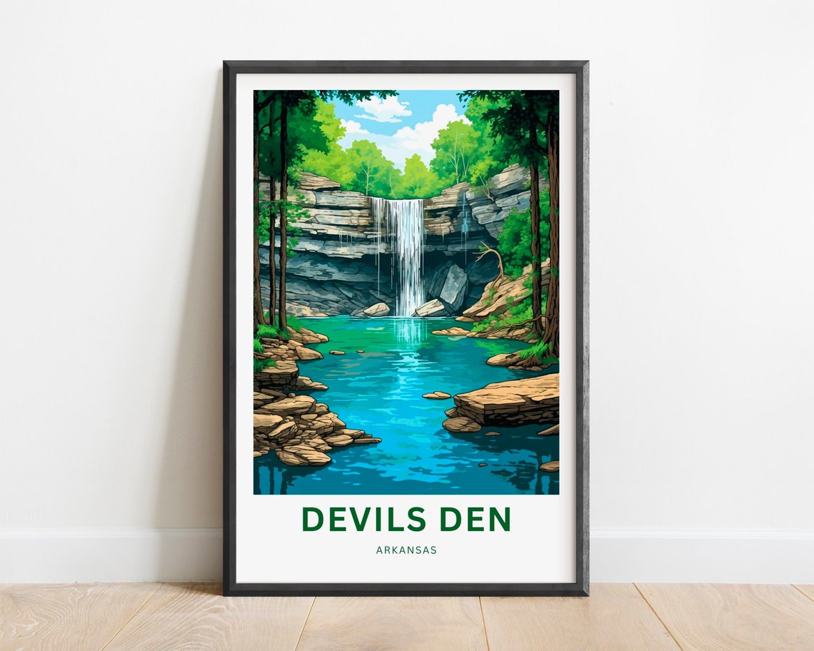 Devils Den Arkansas Limestone Falls Travel Illustration Poster