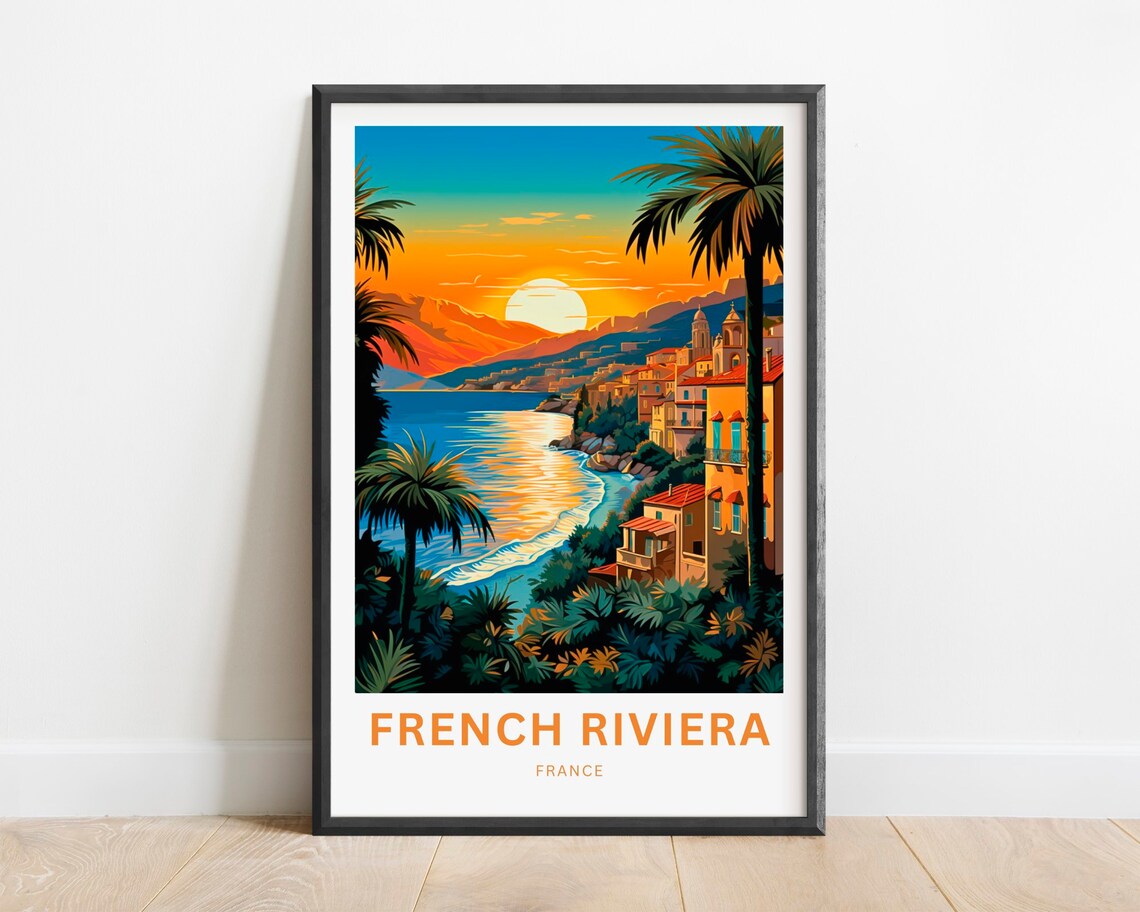 French Riviera France Sunset Over a Seaside Town Travel Poster