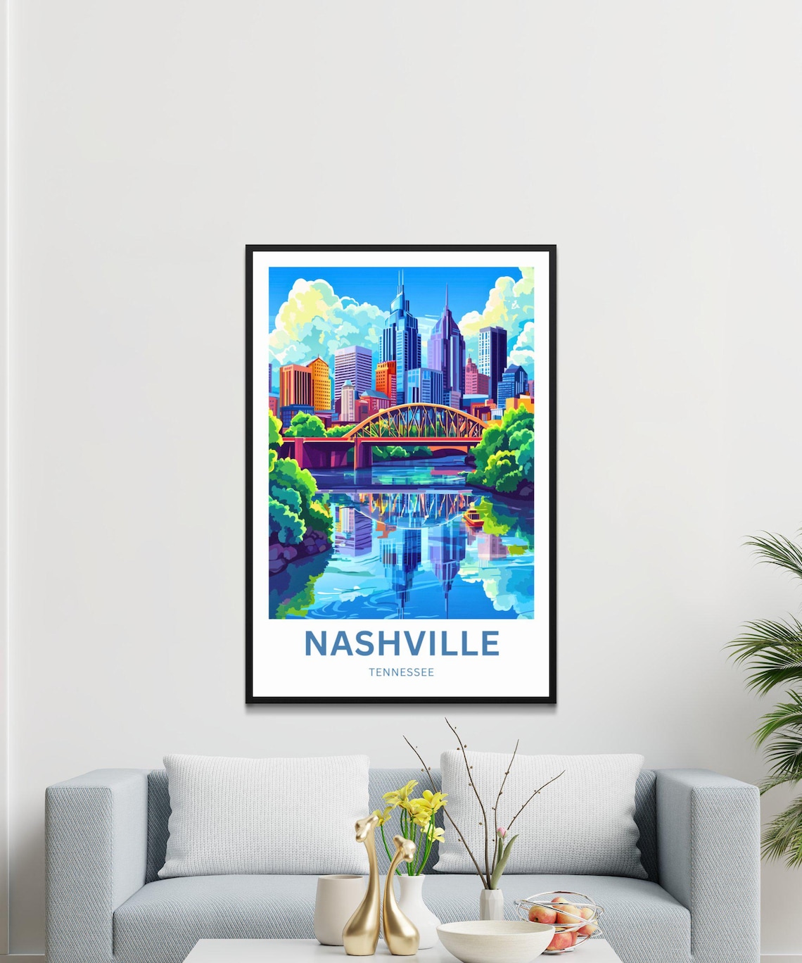 Nashville Tennessee Downtown Skyline River Bridge Travel Poster - Image 3