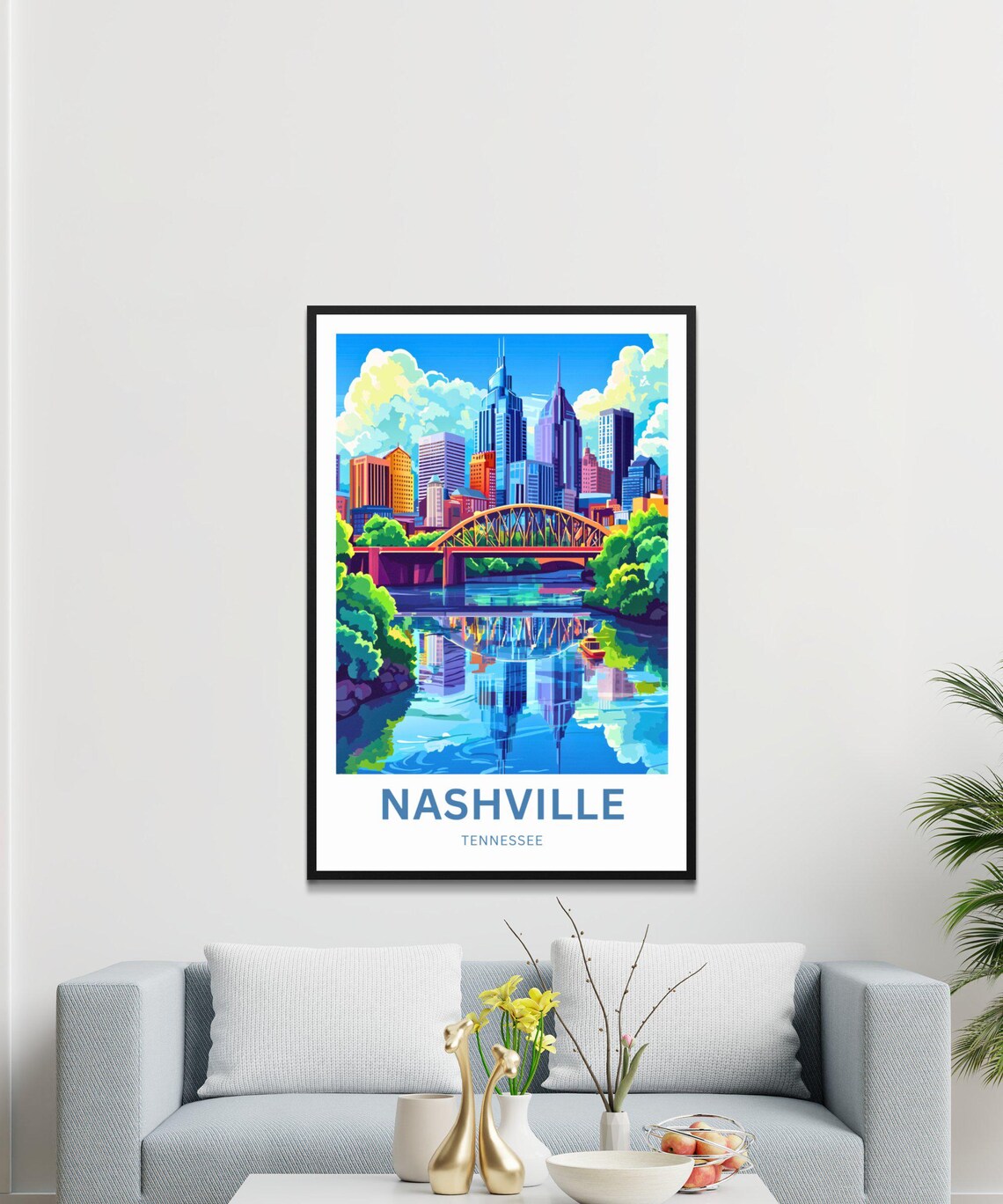Nashville Tennessee Skyline River Bridge Daytime Travel Poster - Image 3